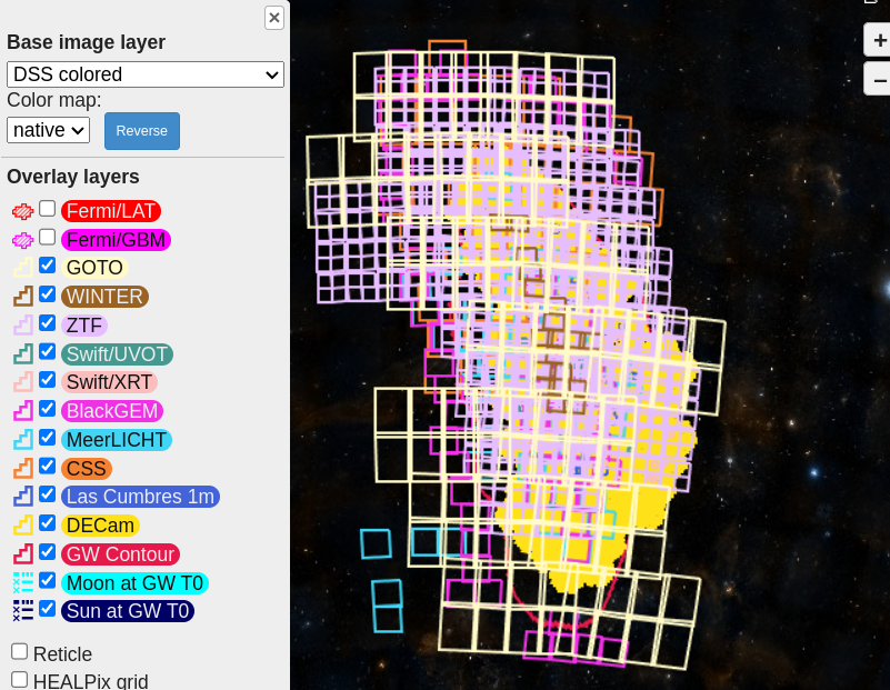 alexandernitz's tweet photo. If there is no counterpart found, it wouldn't be for lack of trying. There's been a lot of hard work by teams of astronomers to hunt for potential transients. The treasuremap has a really cool view of the ~1000 pointings so far. https://t.co/T0y83bEccO