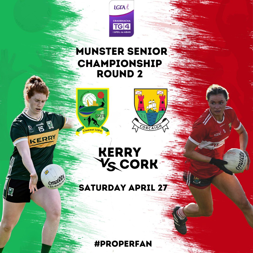 The highly anticipated meeting of @CorkLGFA and @kerryladiesfoot in the TG4 Munster LGFA Senior Championship Round 2 takes place on Saturday.

Get your Tickets: 👇

universe.com/events/munster…

#ProperFan