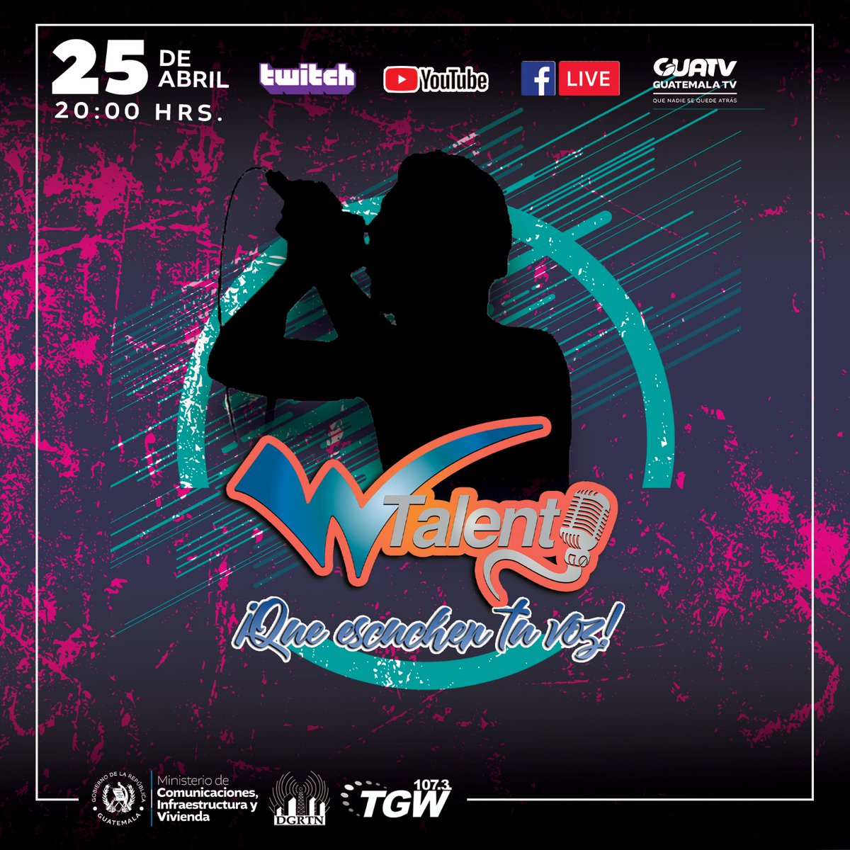RadioTGWTV's tweet photo. Tres artistas más se presentarán en el segundo programa de #WTalent, que será trasmitido este 25 de abril a las 20 horas por las redes sociales de Radio TGW, por la 107.3 y el Canal @GuaTv_ 🇬🇹🎤🎸.
¡Apoya al talento nacional, dándole like y compartiendo su participación! https://t.co/rooCP9Mzp3