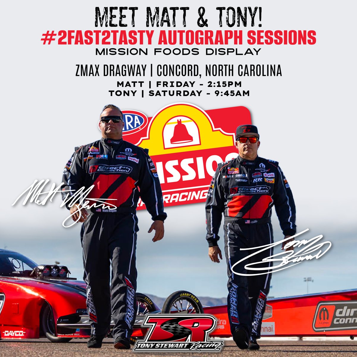 .@MattHagan_FC and @TonyStewart will both be competing in the @MissionFoodsUS #2Fast2Tasty Challenge at the #4WideNats. Stop by their display on Friday and Saturday to get some autographs! 

#TSRnitro | #NHRA | #Dodge