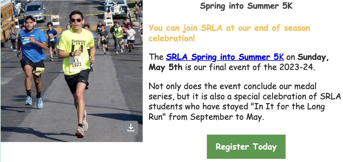 Our partners @SRLA are culminating this school year with their final 5K. Please share with your running students. Register to join them: srla.org/events-1