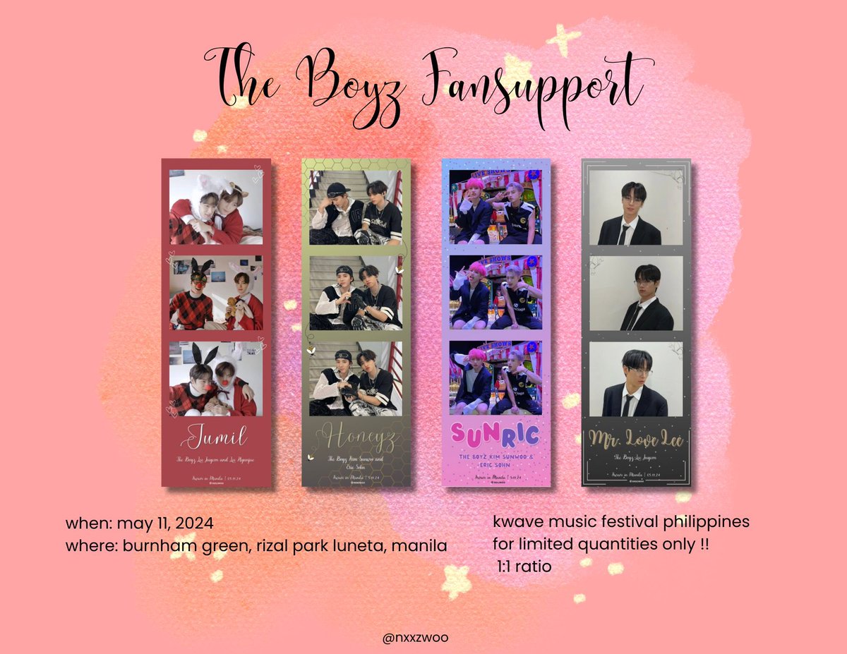 nxxzwoo's tweet photo. ⋆ ˚｡⋆ ✩ KWAVE Music Festival ✩ ⋆｡˚ ⋆

❀ A the boyz fan support by @nxxzwoo

⊳ mbf, like, and rt, show proof on d-day! 
⊳ vv limited quantity! open for trade — dm me ☻
⊳ 1:1 ratio ♡
⊳ strictly time and loc: tba

see you, deobis!! ♡💋 https://t.co/a6Yw9RFS6U