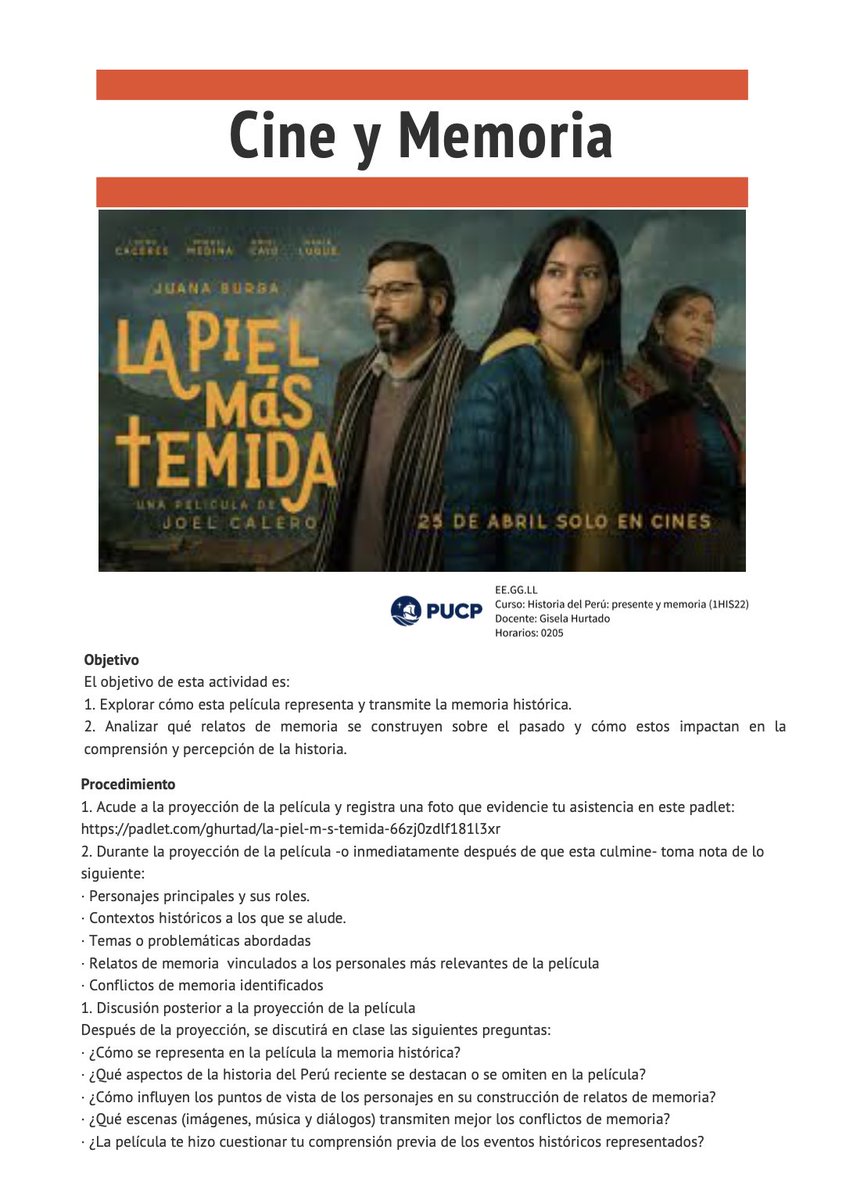 joelcalerog's tweet photo. ¡Esto es docencia! Vean esta guía de trabajo pedagógico que la profesora Gisela Hurtado Regalado, del curso "Historia del Perú: presente y memoria" de EEGGLL de la PUCP ha elaborado para acompañar el visionado de LA PIEL MÁS TEMIDA. El cine no es “entretenimiento”. Es una ventana https://t.co/gYrBOGvCKF