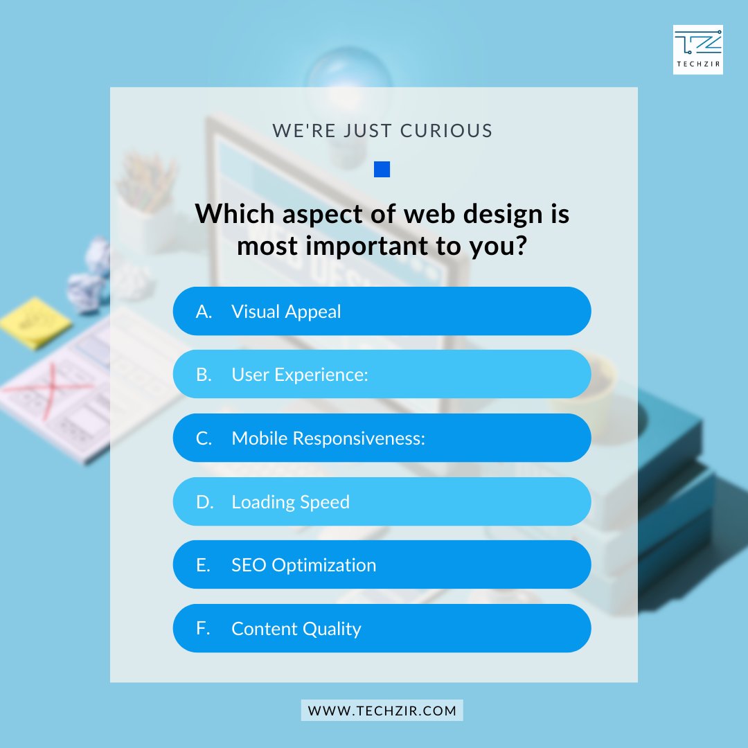TechzirS's tweet photo. 💡 Let's talk web design priorities! 🌟 At Techzir Solutions, we're all about creating websites that exceed expectations.

Which aspect of web design holds the top spot for you? Dive into the discussion and let us know what matters most! 🖥️✨

#WebDesignTalk #PriorityPicks https://t.co/GH54Cu53NY