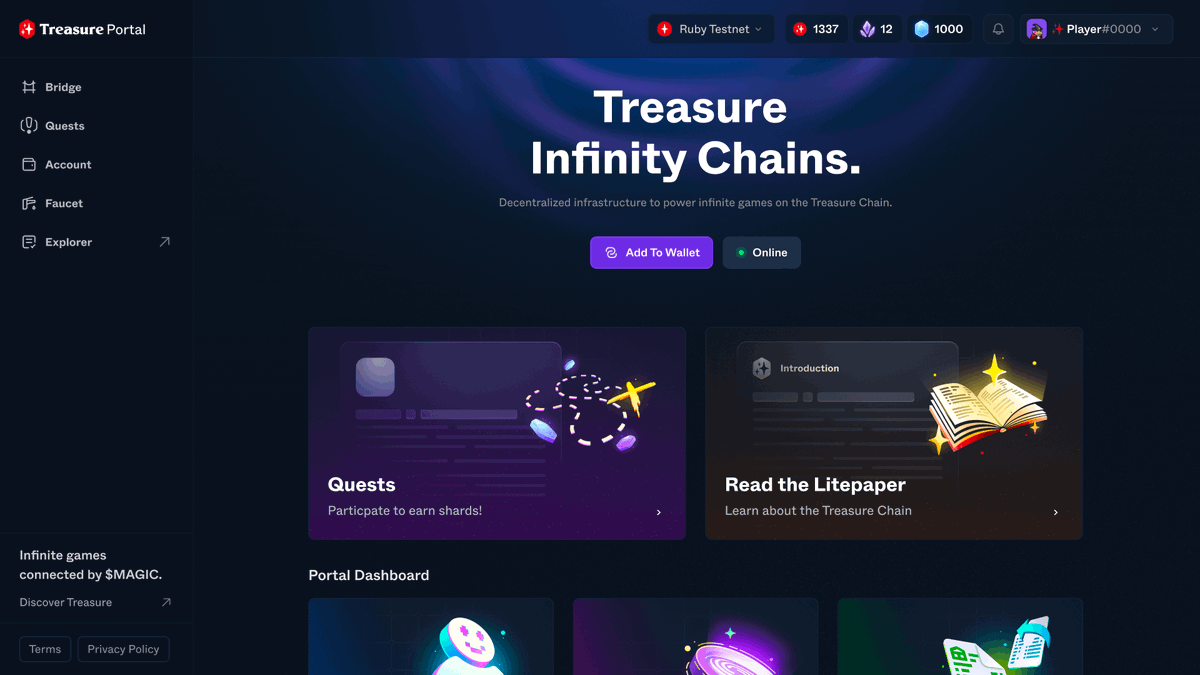 Treasure Ruby coincides with the launch of the new Treasure Portal!

Discover testnet with our new bridge, explorer, and testnet $MAGIC faucet. 🔍✨

Start exploring Treasure Ruby:

🔮 Explore the Treasure Portal:
portal.treasure.lol
📄 Documentation:
docs.treasure.lol/treasure-stack…