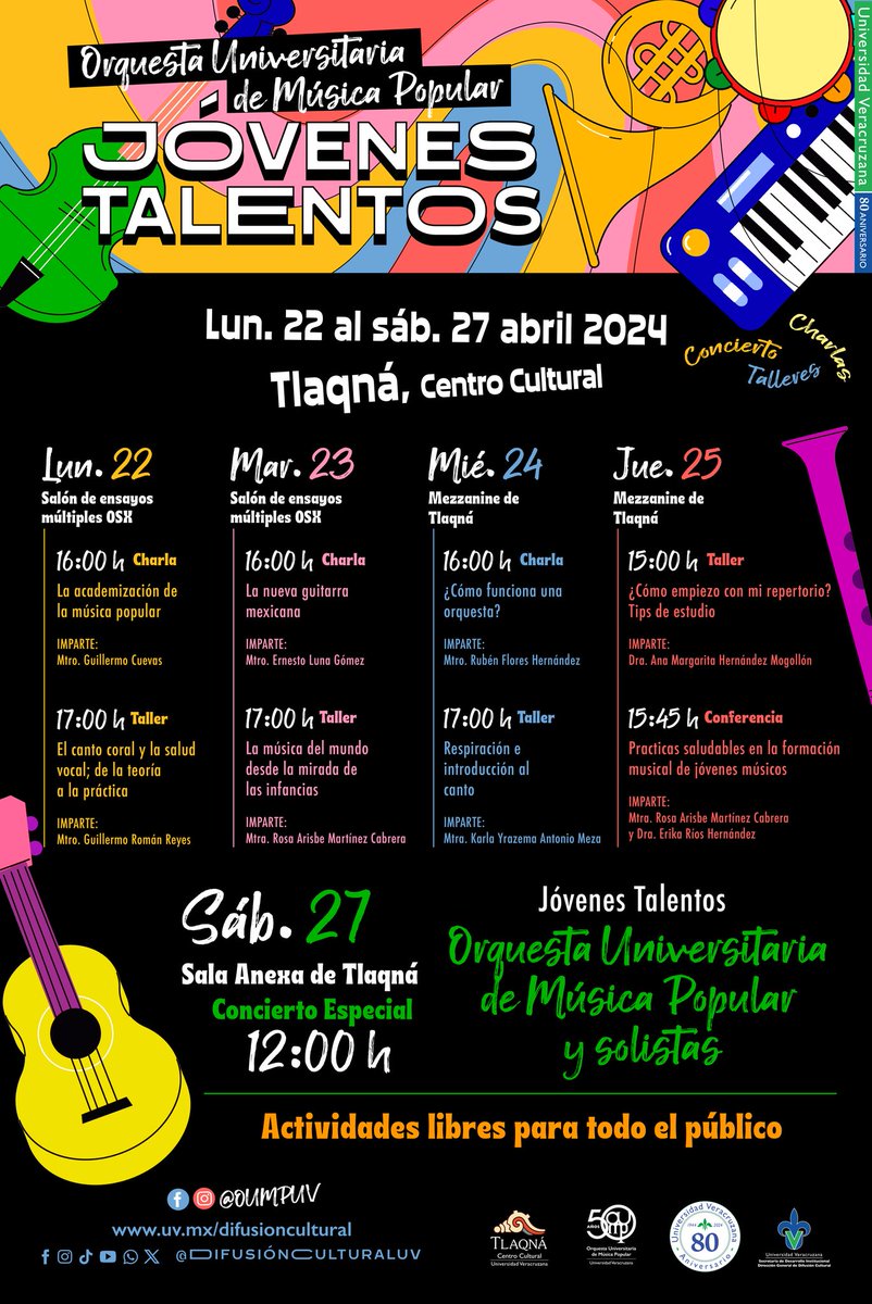 Conoce aquí las actividades que la Orquesta Universitaria de Música Popular (@OUMP_UV) tiene preparadas, como parte del Festival Jóvenes Talentos con la Pop. #UV_CulturaArtística