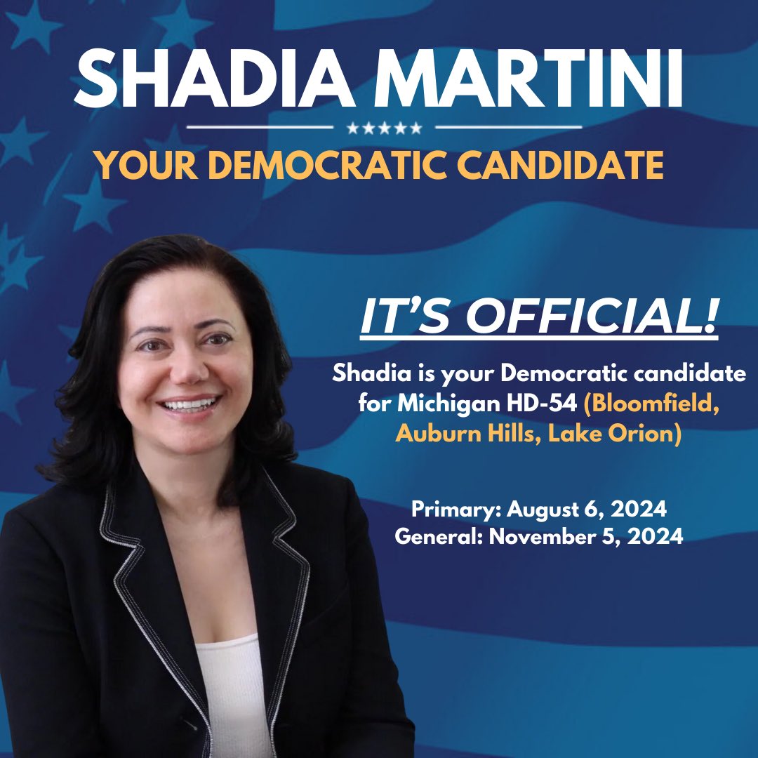 It's official: I am unopposed in my run to become the Democratic nominee for Michigan HD-54.

In 2022, after a highly competitive primary, I became the first Syrian-American woman to be nominated by any party to the Michigan State legislature.

What was ahead: an uphill battle in…