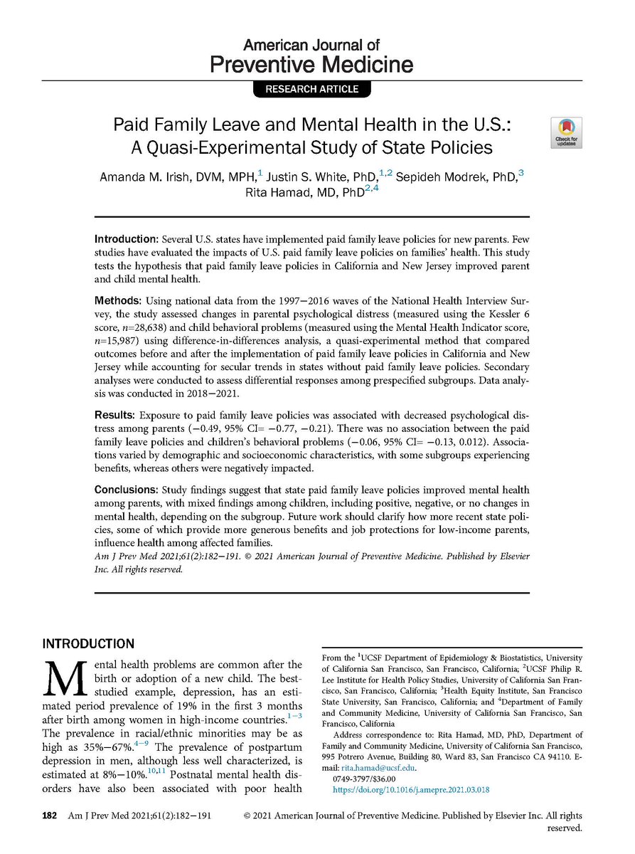 May is #MentalHealthAwareness month! Good time to recall that policies are key drivers of #mentalhealth and #healthequity. Eg our prior work found that #paidleave for new parents improves mental health & health behaviors for moms & dads: sciencedirect.com/science/articl… @PaidLeaveforAll