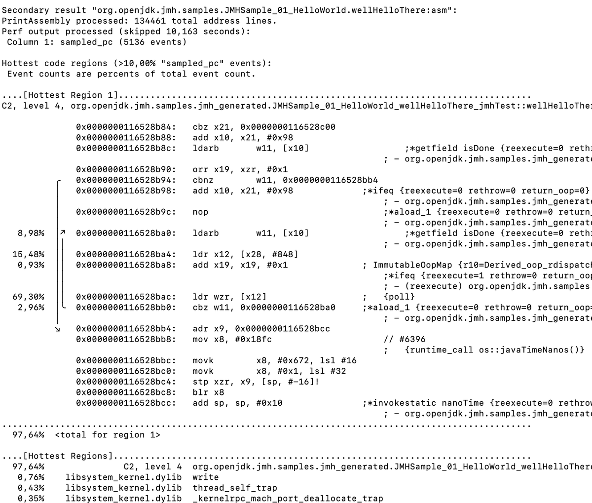 shipilev's tweet photo. MacOS users rejoice: -prof xctraceasm comes to JMH and allows perfasm-like profiling without any additional system configuration mess. Courtesy @fzhinkin: https://t.co/HonrUvYvSL https://t.co/i6nP41g37s