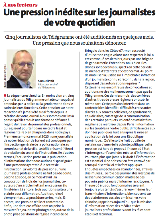 En moins d'un an, cinq journalistes du Télégramme ont été convoqués et entendus par la police ou la gendarmerie dans le cadre de leurs fonctions. Une pression sur notre rédaction qu'il nous paraît important de porter à la connaissance de nos lecteurs. #pqr #journalisme