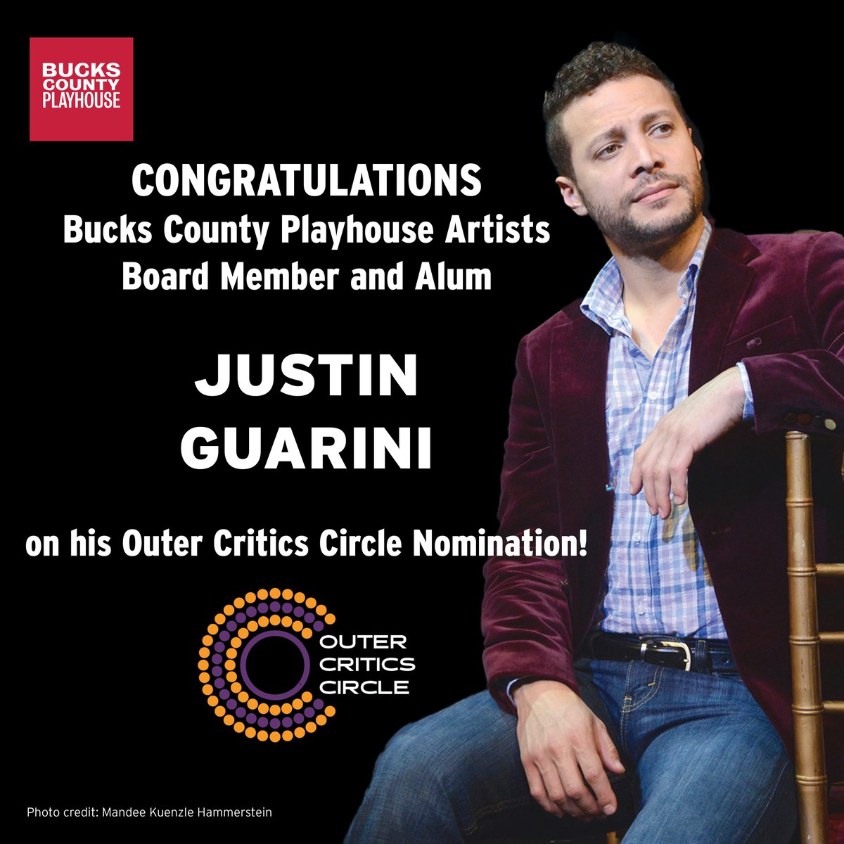 Congratulations Bucks County Playhouse Artists Board Member and Alum @JustinGuarini on his Outer Critics Circle Nomination!