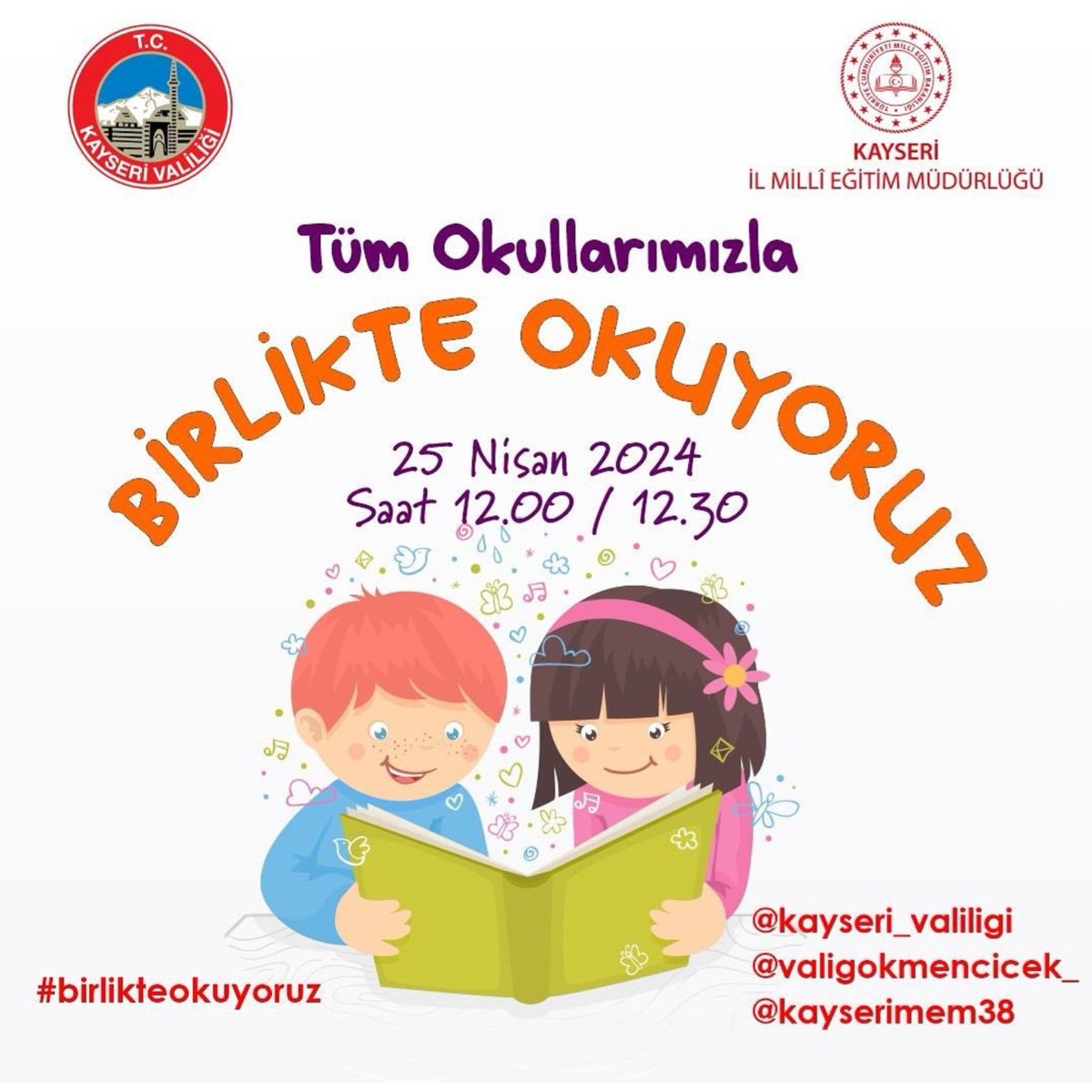 KAYSERİ BİRLİKTE OKUYOR📚

25 Nisan 2024 Perşembe günü saat 12.00/12.30 saatleri arasında Sayın İl Millî Eğitim Müdürümüz Bahameddin Karaköse, Kayseri Çocuk Kitap Fuarı ve Şenliği'nde öğrencilerimizle kitap okuma etkinliği gerçekleştirecektir.

#birlikteokuyoruz