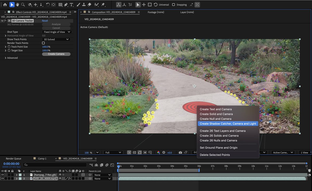 FakeGreenDress's tweet photo. 💡 Fast way to create Advanced 3D shadow catchers in After Effects Beta: use the 3D Camera Tracker!

Select track points, right-click to add catcher/camera/light. Switch the light type to Environment and drop in your model. I like to color-pick a shadow color from the video, too. https://t.co/yK7g7bccRH