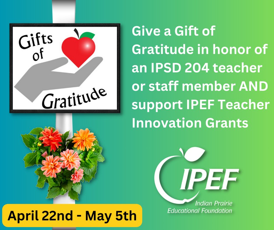 Thank an @ipsd204 teacher or staff member with a personalized certificate & letter with a custom message from you when you make a tax-deductible donation to IPEF’s Gifts of Gratitude program. All donations benefit IPEF’s Teacher Innovation Grants program. secure.qgiv.com/for/giftsofgra…