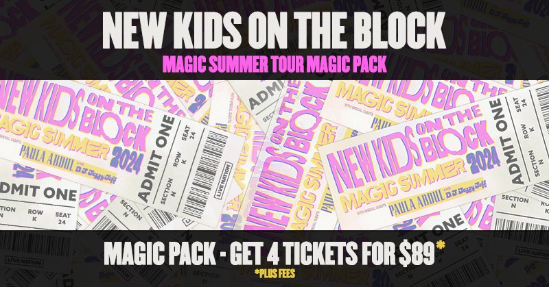 We celebrate the 35th Anniversary of NKOTB Day with a special Magic Pack – get 4 tickets for $89.00, plus fees. Announced dates include: 6/25 Kansas City, MO; 6/26 Rogers, AR; and 7/14 Dallas, TX. Get more info at nkotb.com. #nkotbday  #nkotbmagicpack
