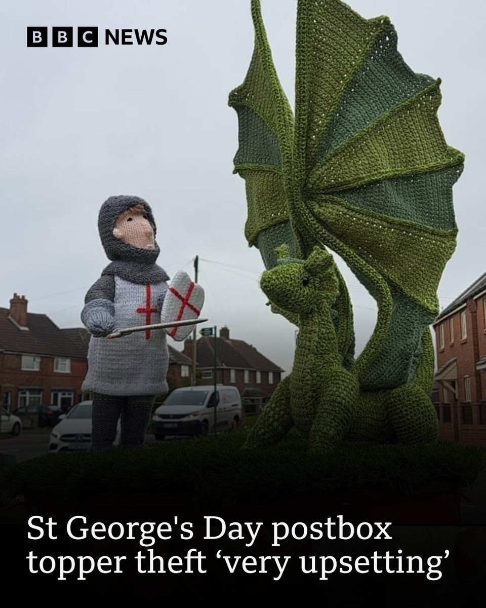 'It's just such a shame.' 💔 This incredible St George's Day knitted creation has been taken, days after it appeared on a village postbox. Read more: bbc.in/4aLmHQL