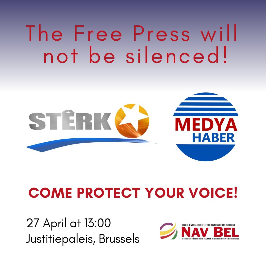 URGENT CALL Join our demonstration on the Belgian Police crackdown on Kurdish @Sterktv1 and @medyanews_ . 27 APRIL at 13.00 o'clock Justitiepaleis, Brussels #StopPressIntimidation #FreedomOfSpeech