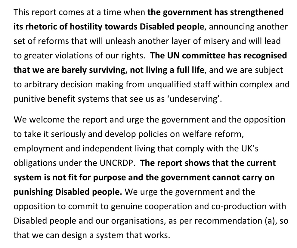 The UN #CRDP24 report has recognised that we are barely surviving under this government, not living full lives. We are subject to complex and punitive benefit systems that see us as ‘undeserving’. We are kept in poverty. #DefendOurRights Full report: tbinternet.ohchr.org/_layouts/15/tr…