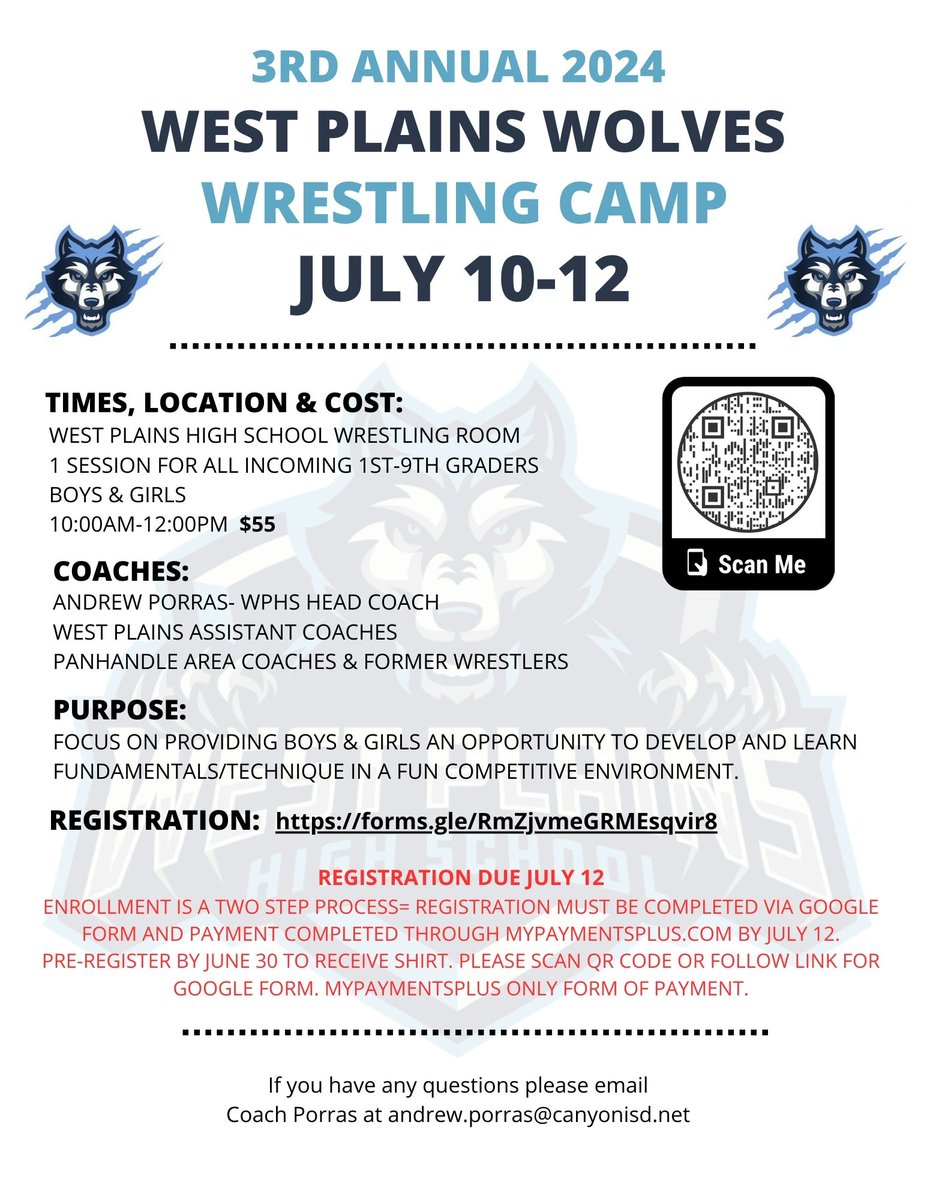 West Plains Wrestling (@wplainswrestle1) on Twitter photo Registration for the 2024 West Plains Wrestling Camp is now OPEN! Camp is for any incoming 1st-9th graders. Use the link below to register.
forms.gle/RmZjvmeGRMEsqv…
<a href="/WestPlainsJH/">West Plains JH</a> <a href="/WPHSbooster/">West Plains Athletic Booster</a> <a href="/WPlainsWolves/">West Plains High School</a> <a href="/GreenwaysIntSch/">Greenways Int Sch</a> <a href="/HillsideCubs/">Hillside Elementary</a> <a href="/HeritageHillsE1/">Heritage Hills Elementary</a> <a href="/ArdenRoad/">Arden Road</a> <a href="/LakeviewLions/">Lakeview Elementary</a> Registration for the 2024 West Plains Wrestling Camp is now OPEN! Camp is for any incoming 1st-9th graders. Use the link below to register.
forms.gle/RmZjvmeGRMEsqv…
<a href="/WestPlainsJH/">West Plains JH</a> <a href="/WPHSbooster/">West Plains Athletic Booster</a> <a href="/WPlainsWolves/">West Plains High School</a> <a href="/GreenwaysIntSch/">Greenways Int Sch</a> <a href="/HillsideCubs/">Hillside Elementary</a> <a href="/HeritageHillsE1/">Heritage Hills Elementary</a> <a href="/ArdenRoad/">Arden Road</a> <a href="/LakeviewLions/">Lakeview Elementary</a>