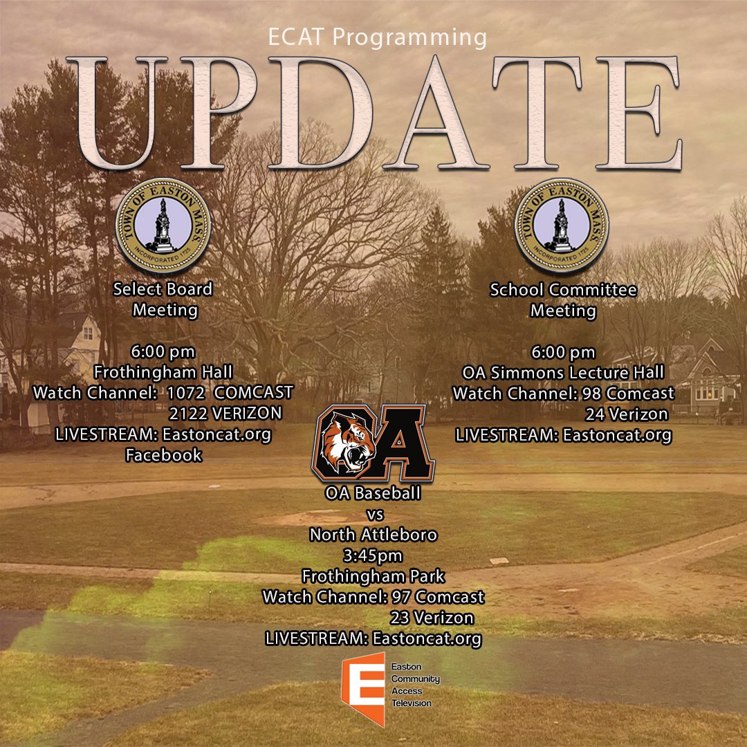 eastoncat's tweet photo. ECAT has baseball this afternoon and both special select board meeting and school committee meeting both live for you. https://t.co/foK0rAACoD