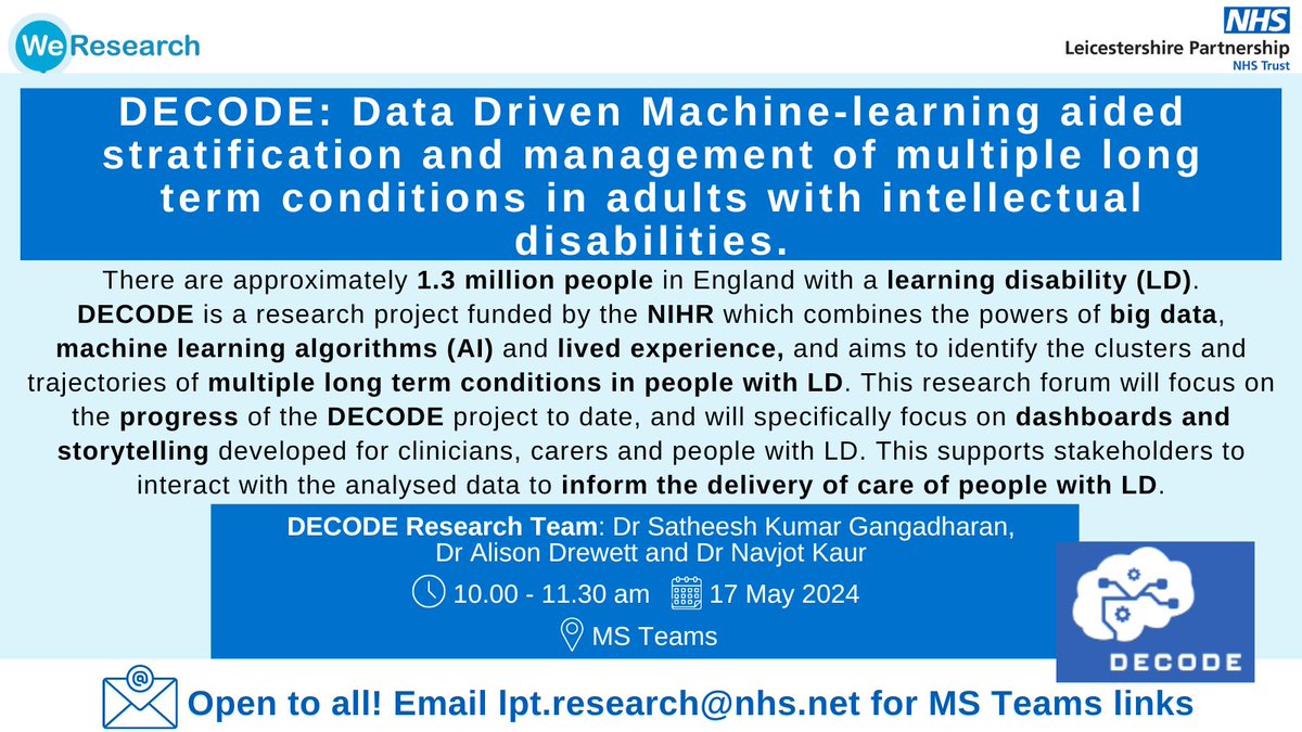 Our dynamic @DECODEproject2 dashboard facilitates interactive visualisations of co-morbidity pairs & disease trajectories of MLTCs in people with LD-join us @LPTresearch forum in May👇
@LRWEUnit @ARC_EM @LboroDesign @kamleshkhunti @LeicResearch @AIM_RSF @Dr_S_Kumar_G @alidrewett