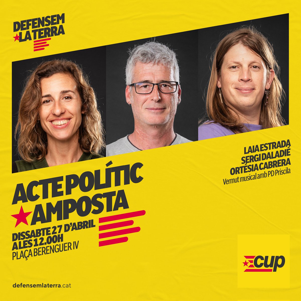 📢ACTE CENTRAL DE CAMPANYA A LES TERRES DE L'EBRE❗❗❗ Dissabte 27 d'abril a les 12h, a #Amposta, acte polític de la CUP a la plaça del Mercat (Berenguer IV), amb: Laia Estrada Sergi Saladié Ortésia Cabrera En acabar, vermut musical amb PD Priscila Este #12M, #DefensemlaTerra!