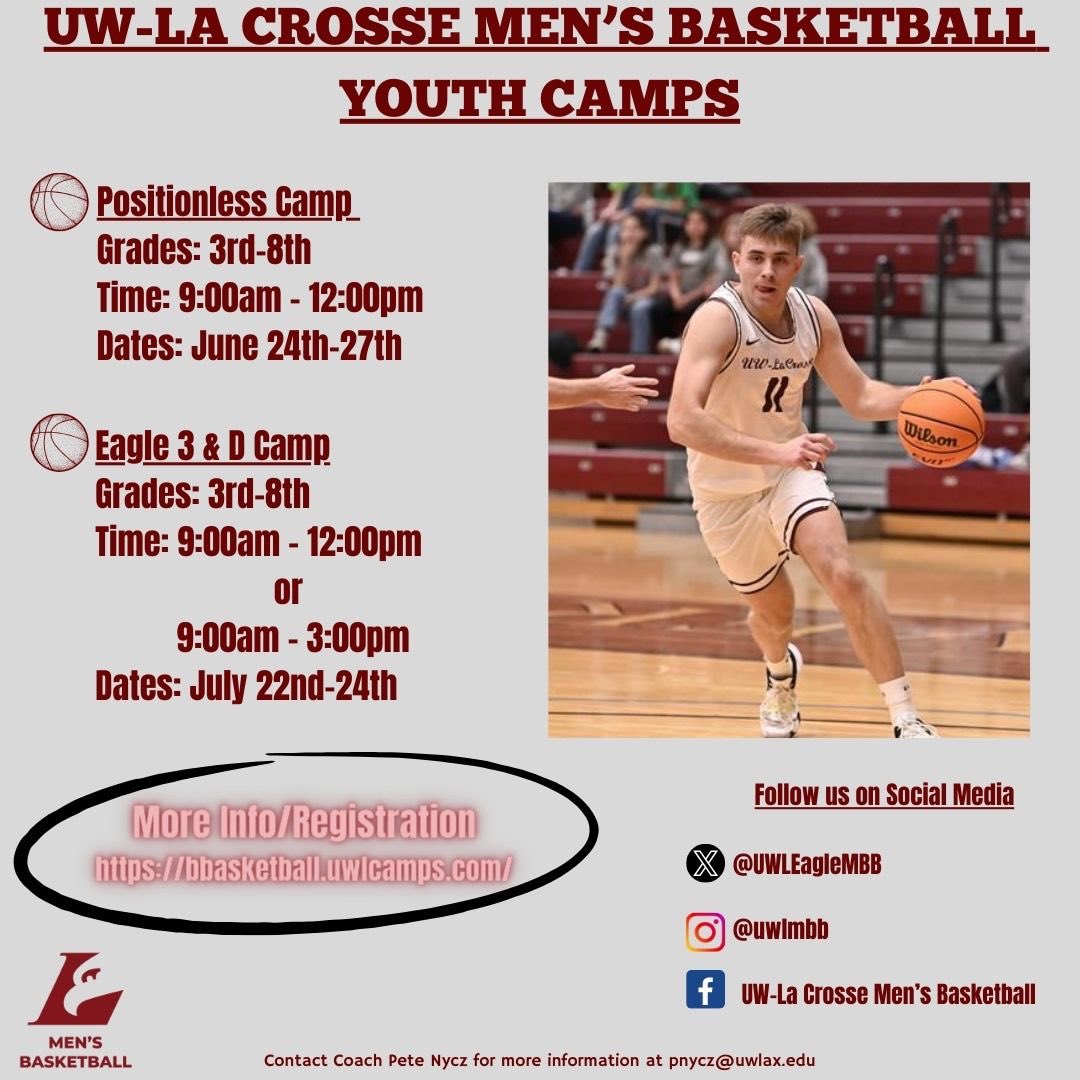 Sign up for our Summer 2024 Youth Basketball Camps!! Great way to keep developing your game and have fun!! Get coached by UWL Men’s Basketball staff and players!! #AsAnEagle 🦅🏀