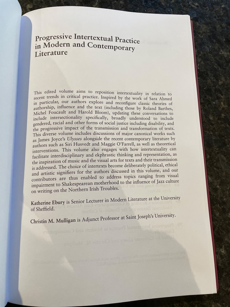 Katherine_Ebury's tweet photo. Happy publication day to ‘Progressive Intertextual Practice in Modern and Contemporary Literature’. Thanks to my coeditor @genuinechristin and to contributors Philip Miles, Ruth Daly, @CleoHanaway, Orlagh Woods, @drmattfogarty  and Monika Gehlawat. https://t.co/99nfslhx5o