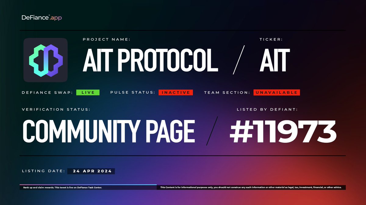 .@AITProtocol community page is now live on DeFiance.app/project/Ait_Pr… $AIT is now listed on #DeFianceSwap. The AIT Protocol stands as a trailblazer in the domain of Web3 data infrastructure, placing a significant emphasis on the annotation of data and the training of AI models.…