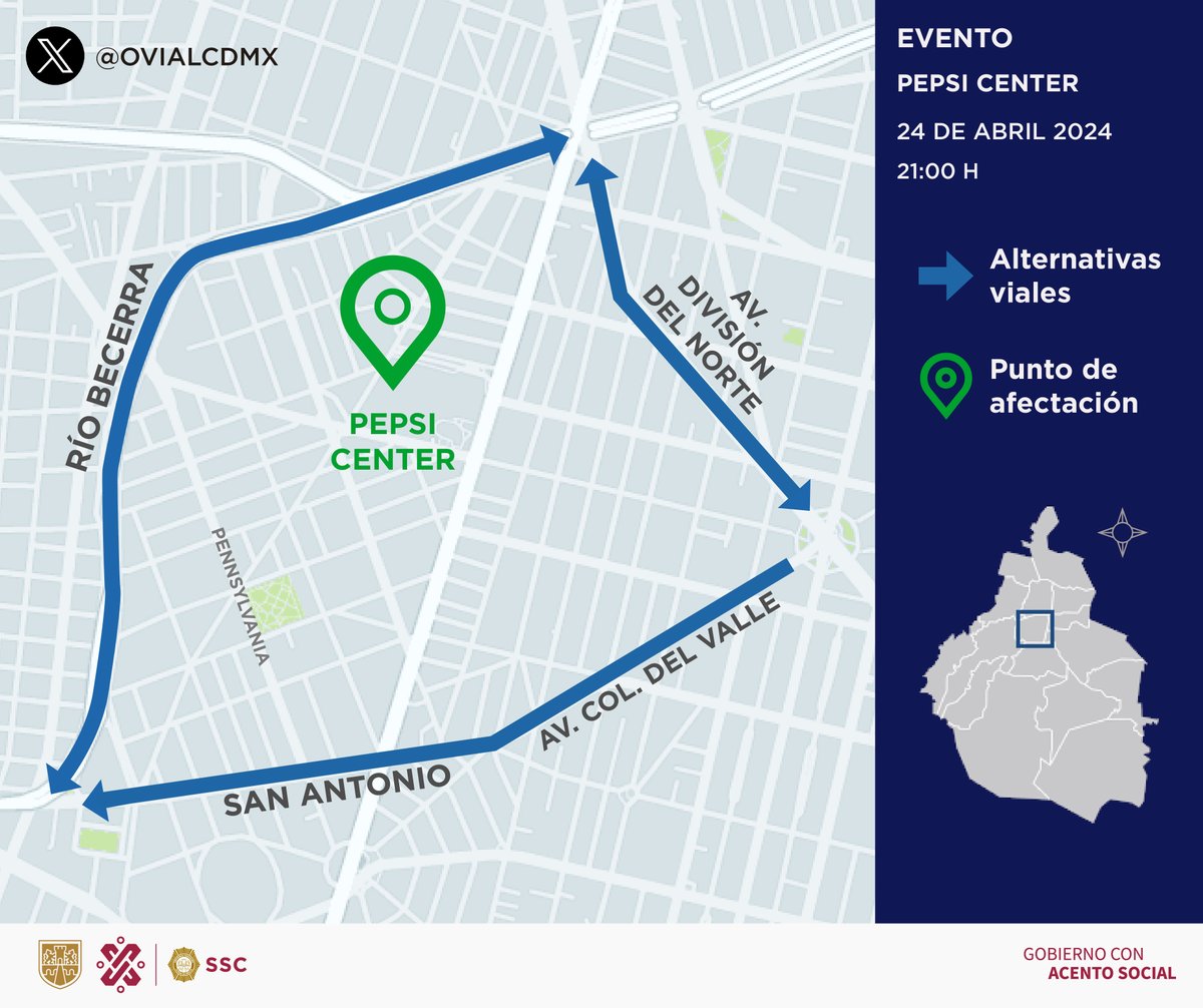 #PrecauciónVial | Considera afectación en inmediaciones del Pepsi Center, ubicado en Filadelfia y Av. Insurgentes, colonia Nápoles, alcaldía Benito Juárez, por evento a las 21:00 horas. Aquí #AlternativaVial