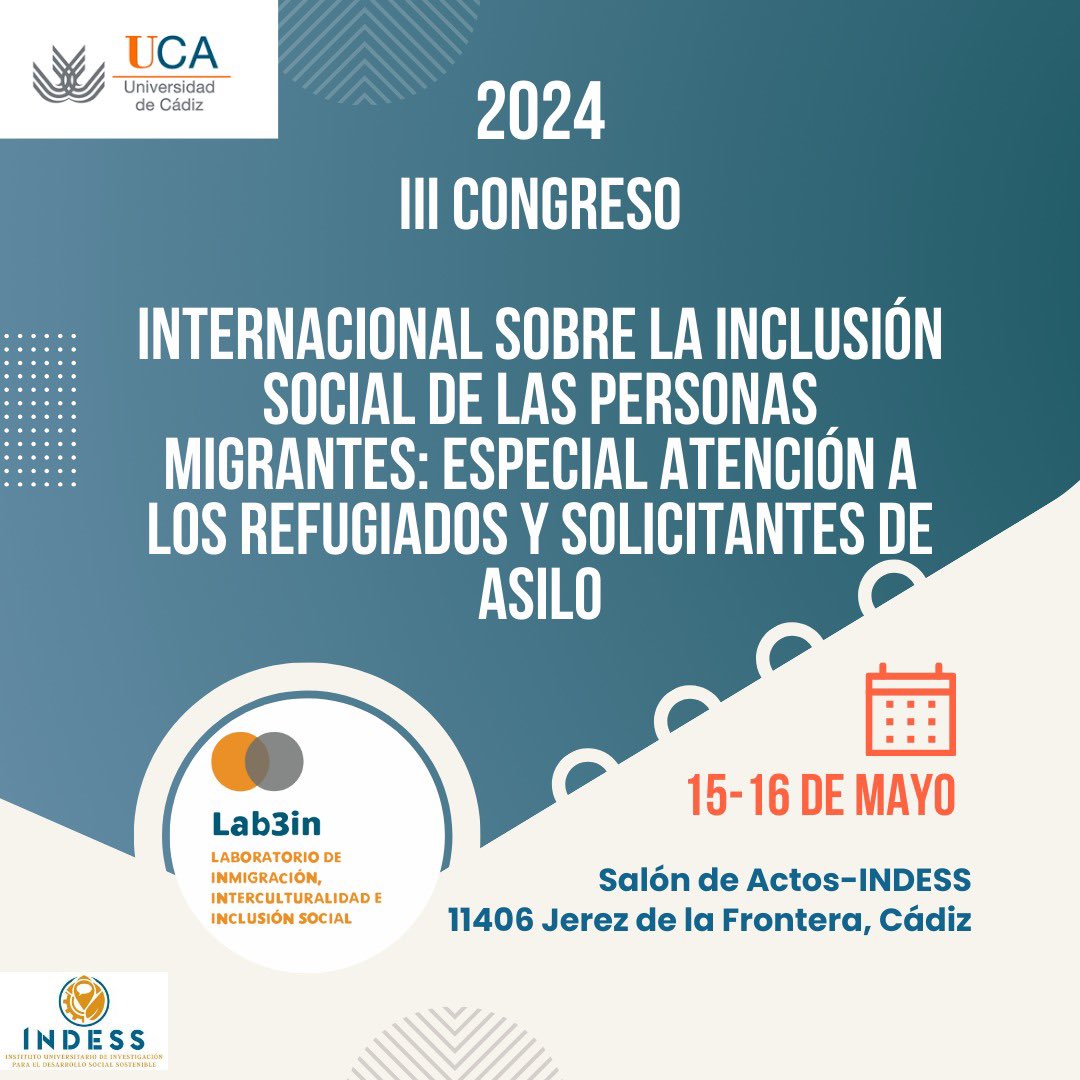 Lab3In's tweet photo. Queremos anunciaros la tercera edición de nuestro Congreso Internacional sobre inclusión social de las personas migrantes, el cual se llevará a cabo entre los días 15 y 16 de mayo en la ciudad de Jerez, siendo la temática para está edición, refugiados y solicitantes de asilo https://t.co/cNJSfgBfK9