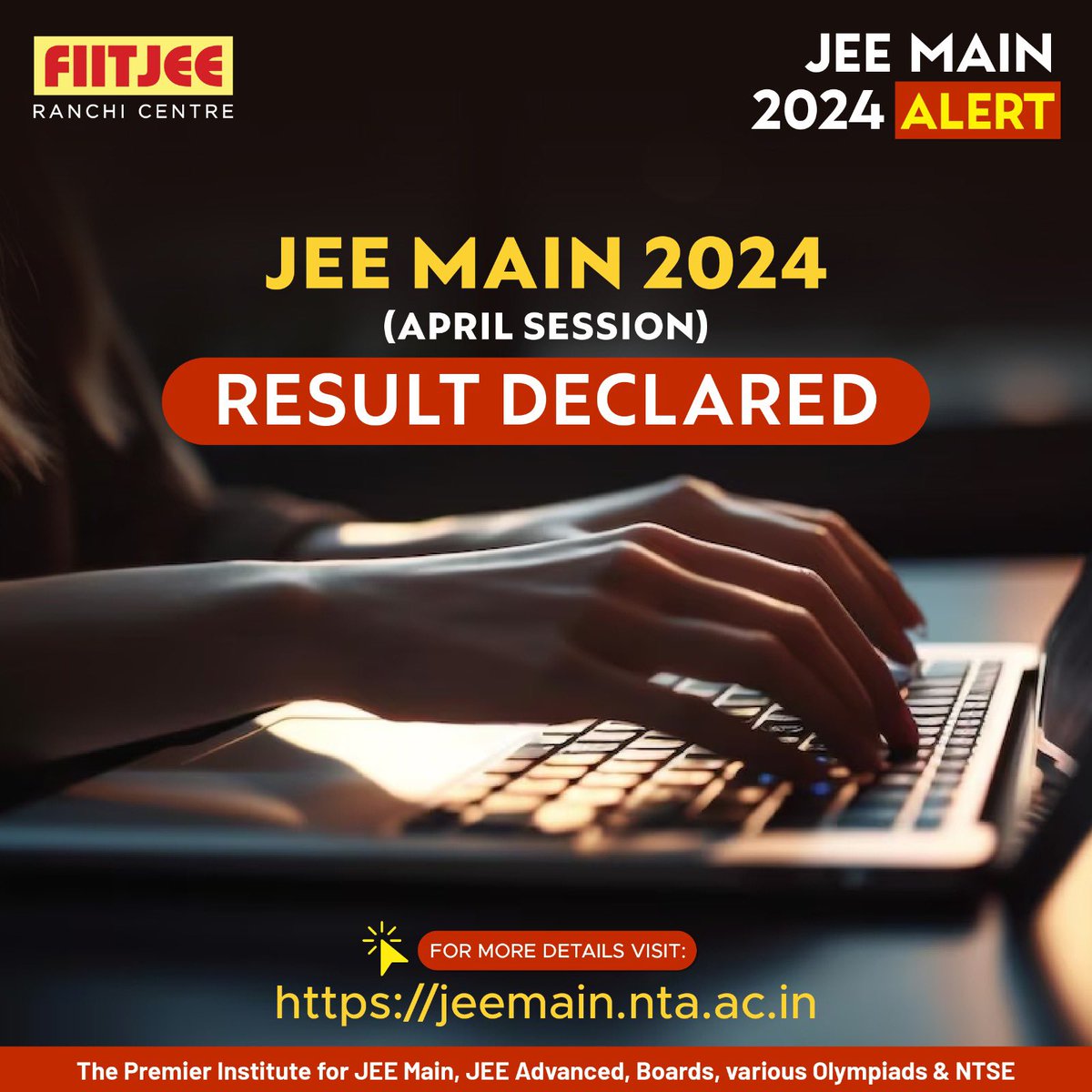📣 Attention IITJEE Aspirants! 
The NTA has announced the JEE Main 2024 results! You can check your result from the official site: jeemain.nta.ac.in. 📚 

All the best 👍

#JEEMain2024 #JEEMain2024Results #FutureEngineers