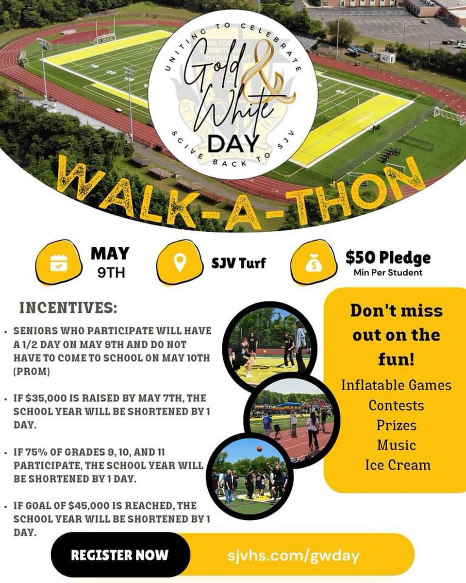 The Walk-A-Thon is on May 9th! Participate in the Walk-A-Thon to compete against your friends and faculty in fun-filled activities while supporting the mission of SJV! All necessary information for your participation can be found at the link in bio.