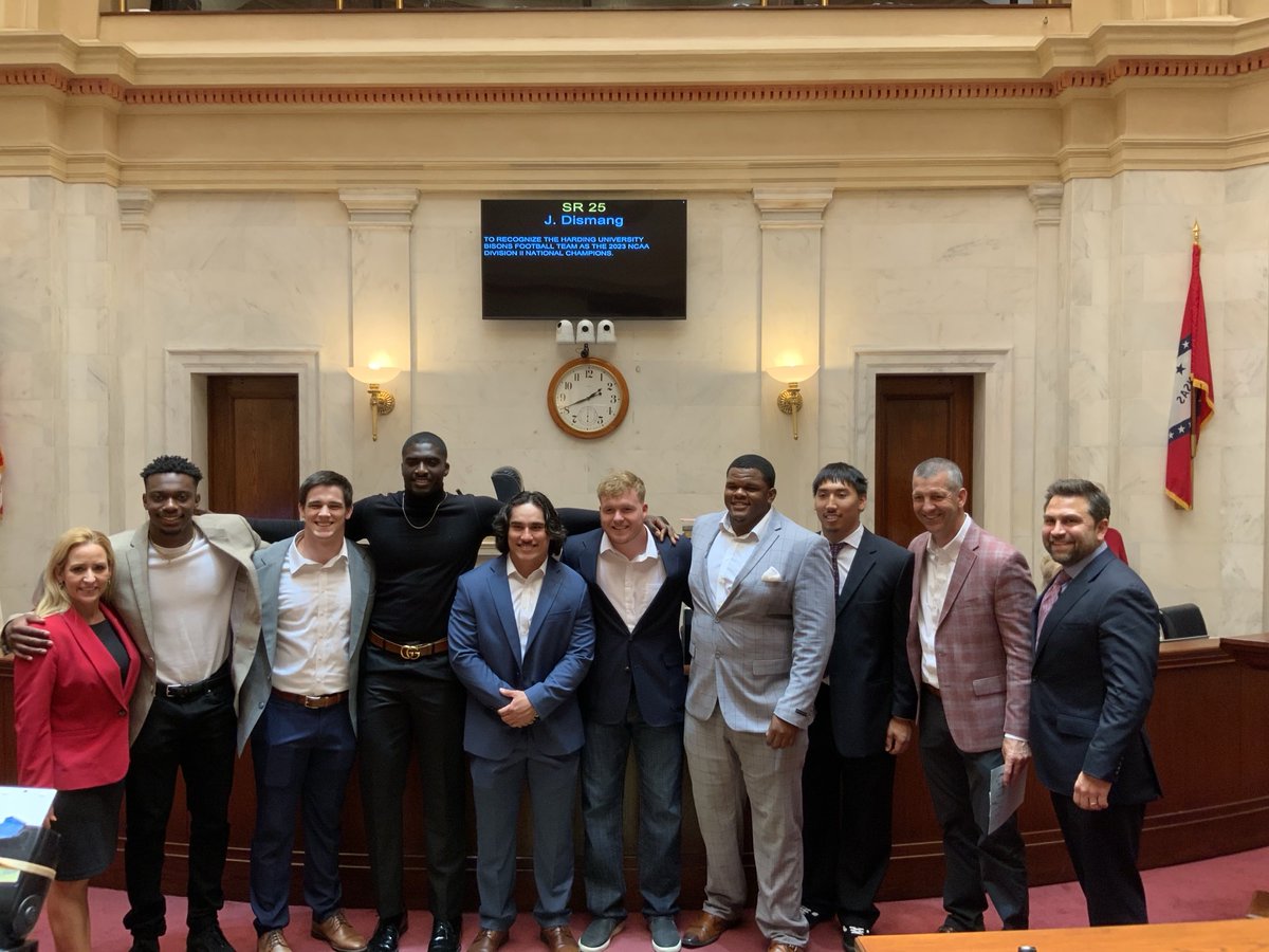 SenateAR's tweet image. Senator Jonathan Dismang recognized the Harding University Bisons Football team as the 2023 NCAA Division II National Champions.