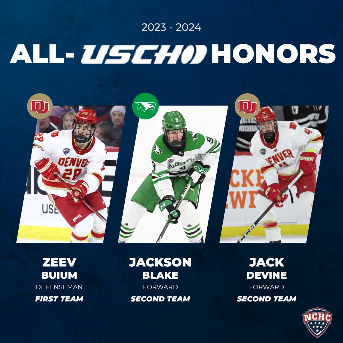 Stick taps to the trio of #NCHChockey players selected to the All-@USCHO Teams! 👏🤩 📰: bit.ly/23-24All-USCHO…