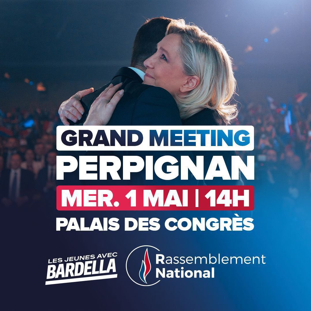🔵 J-7 : Le 1er mai, #TousAPerpignan ! Nous vous donnons rendez-vous, avec @MLP_officiel et @J_Bardella à #Perpignan, au Palais des Congrès à 14h00, pour ce nouveau grand meeting de campagne ! #VivementLe9Juin ▶️ Inscriptions : urlz.fr/qhQz