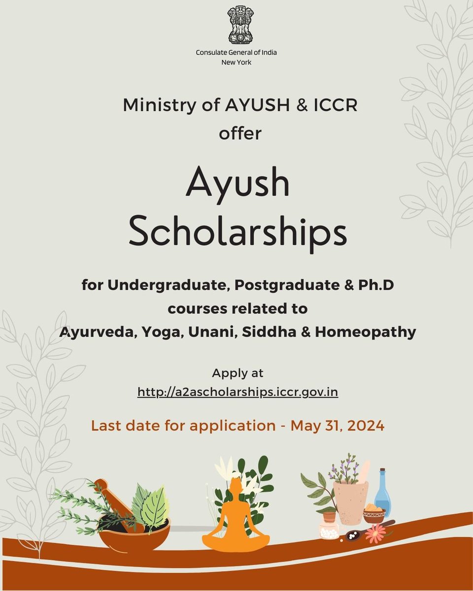 Exciting scholarship opportunity for Undergraduate & Postgraduate studies in Ayurveda, Unani, Siddha & Homeopathy, Bs.C in Yoga, BA (Yoga Shastra), M.Sc in Yoga, Ph.D in Yoga and Ayurveda by @iccr_hq on behalf of @moayush Apply now at a2ascholarships.iccr.gov.in