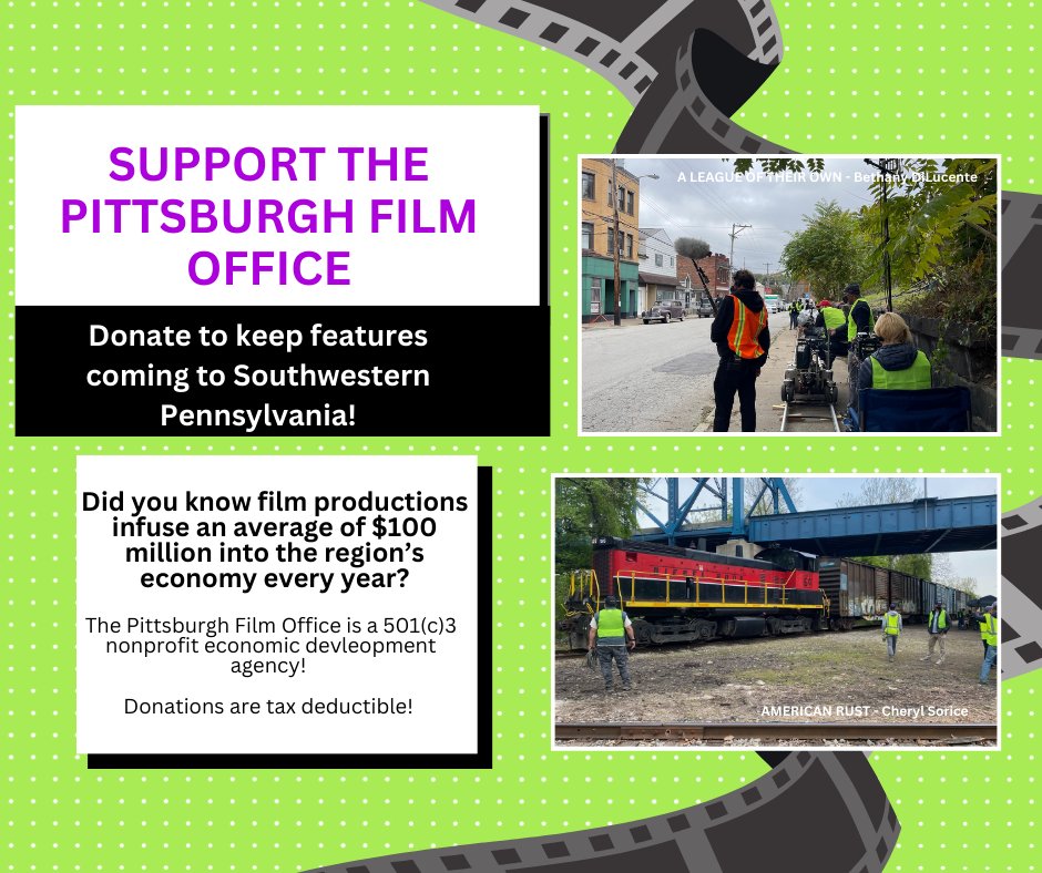 Want to keep Hollywood productions coming to the Pittsburgh region!?

With your support, we will continue to market and promote the Pittsburgh region to bring productions to southwestern PA!

Donate today: pghfilm.org/support-us/don…!

#pghfilm #donation #economy #taxcredit