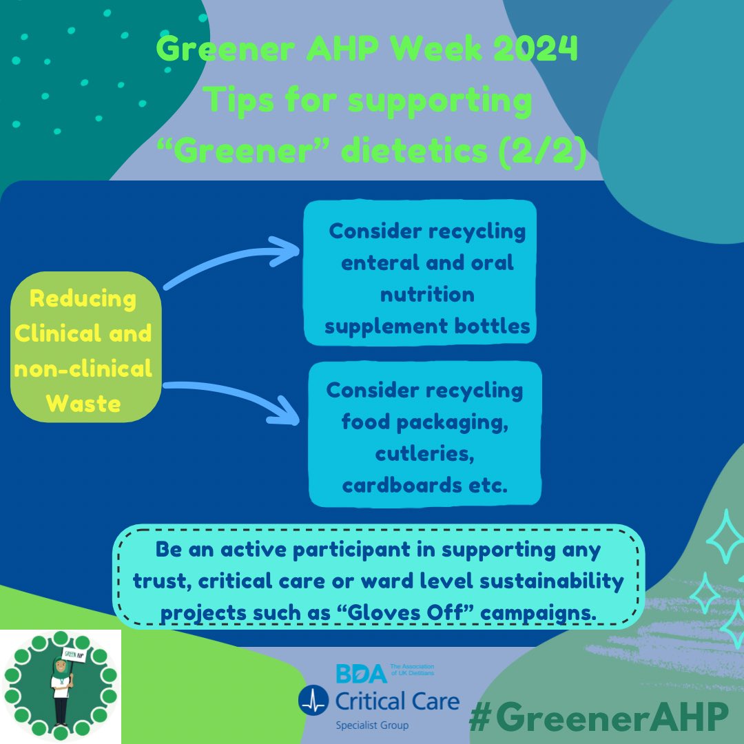 BDACriticalCare's tweet photo. Check out some tips for ‘Greener’ Dietetics in waste prevention and reduction that can be implemented on critical care units and wards! #GreenerAHP @BDA_Dietitians @BDA_sustainable @BDA_FoodServ https://t.co/T9j5GF3Zj9