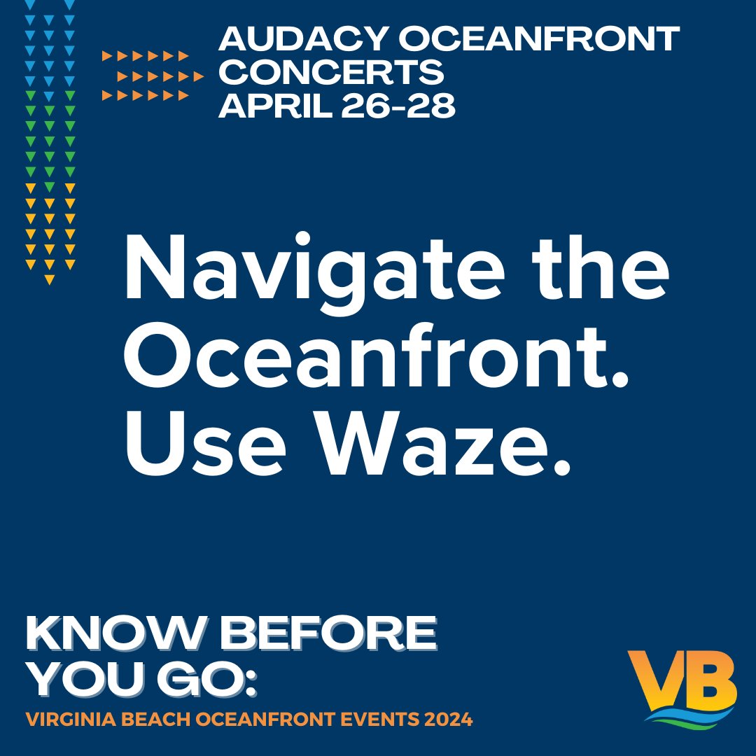 REMINDER: Use the Waze app for up-to-date road conditions & help navigating the Oceanfront this weekend during Audacy Oceanfront Concerts, April 26 -28. There are no planned road closures or municipal parking lot closures associated with this event. More: VirginiaBeach.gov/EventInfo