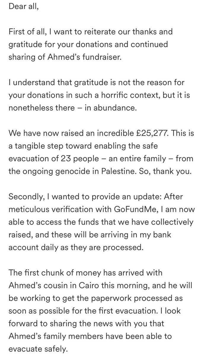 📖 Read this update from my colleague @Chloe__Skinner_ on the fundraiser for our friend Ahmed and his family trying to leave Gaza. 🙏Thank you so much everyone who has supported. Everything helps, no matter how small, so if you can support please do. 🔗: gofundme.com/f/escape-from-…