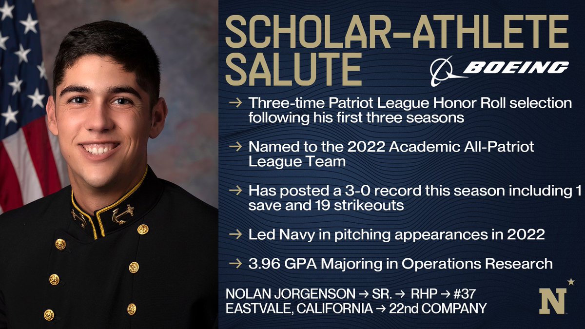 NavyAthletics's tweet photo. April's @Boeing Scholar-Athlete Salute is @NavyBaseball senior RHP Nolan Jorgenson!

Jorgenson is a 3x Patriot League Honor Roll selection and was named to the Academic All-Patriot League Team following the 2022 season in which he led the Mids in pitching appearances.

#GoNavy https://t.co/K5bffhDFIT