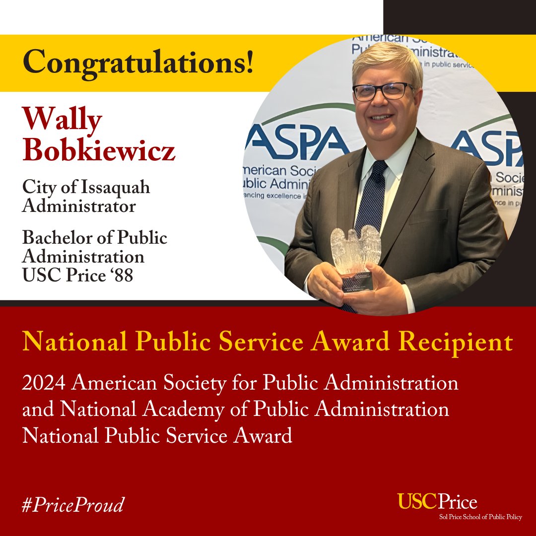 Please join us in congratulating @cityofissaquah Administrator and #USCPrice alum, Wally Bobkiewicz, for receiving the National Public Service Award from the American Society for Public Administration and the National Academy of Public Administration! uscprice.page/4b95TCO
