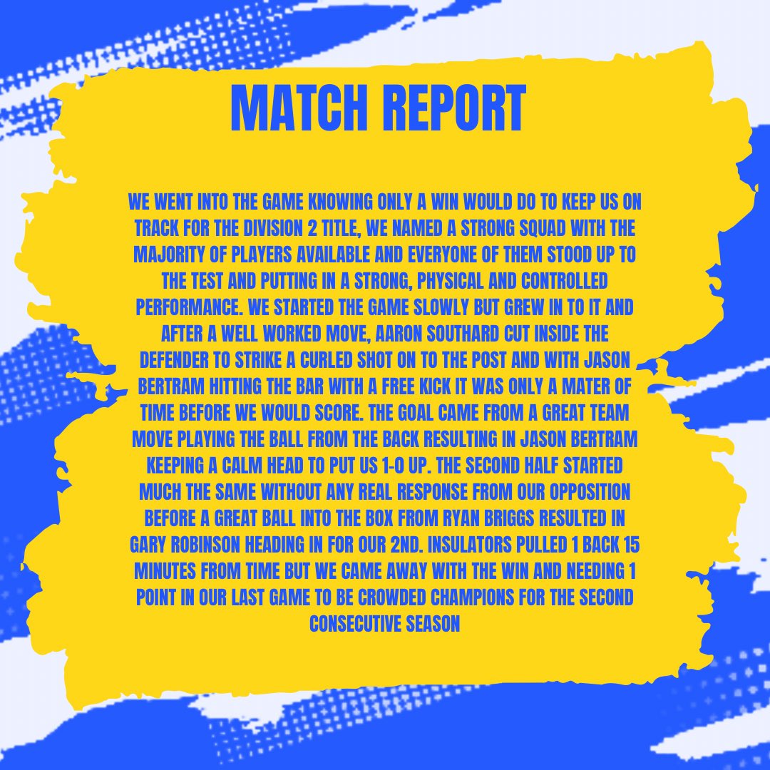 Our Men’s Vets Team moved within a point of their back to back league titles thanks to a 2-1 home win this weekend! Here’s what their Manager Ben had to say about the game! 🟡🔵