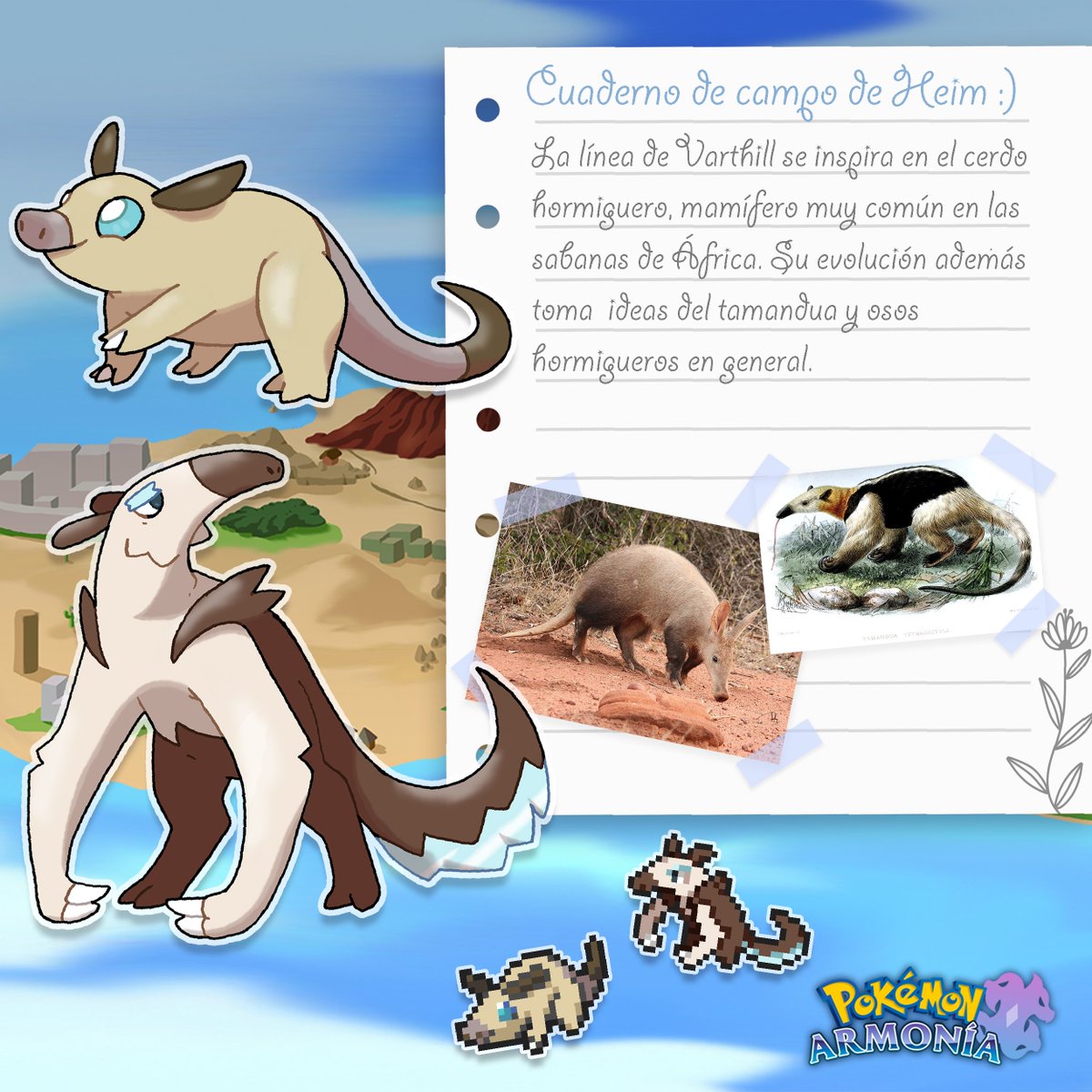 ¡Cuaderno de campo de Heim! 📝 Turno de Varthill y Vamandua, de tipos normal y normal/hielo. Estos Pokémon son de gran utilidad al inicio de vuestra aventura por Safar. ❄️ ¿Alguien ha sido testigo del potencial de Vamandua?