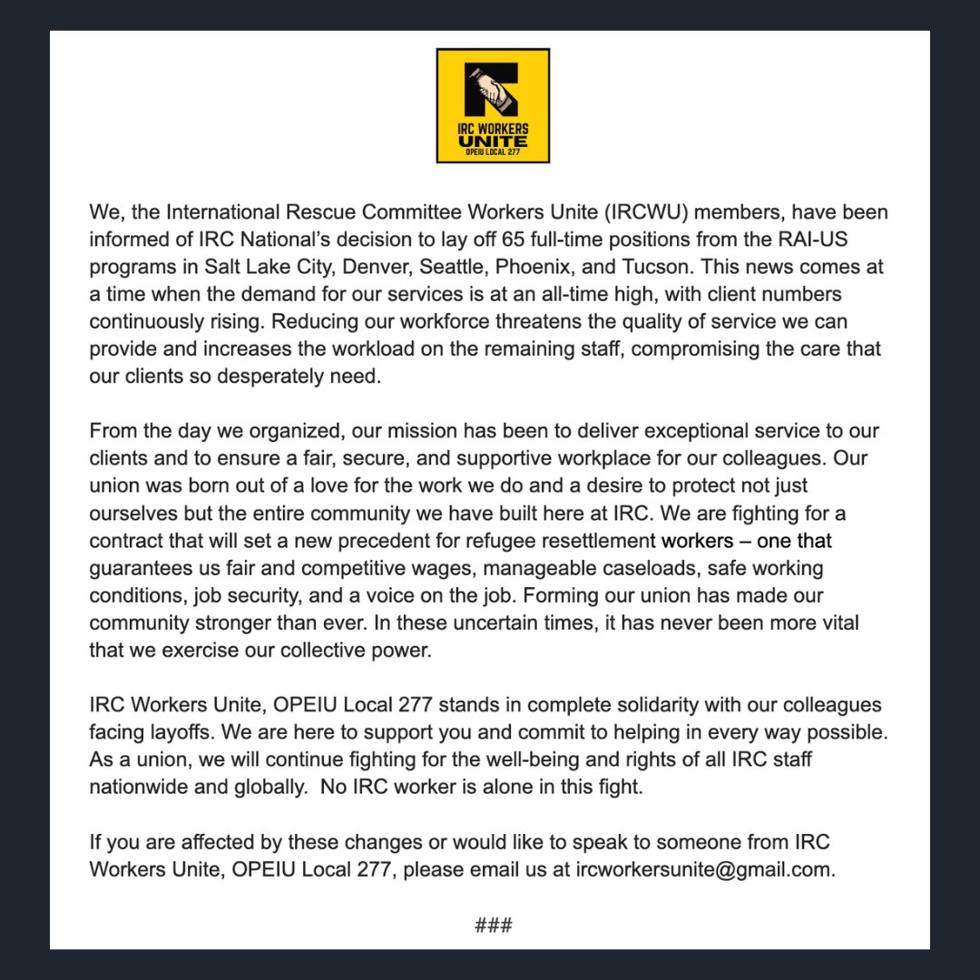 Our official statement on the International Rescue Committee National's decision to lay off 65 full-time positions across the country. 

No IRC worker is alone in this fight.