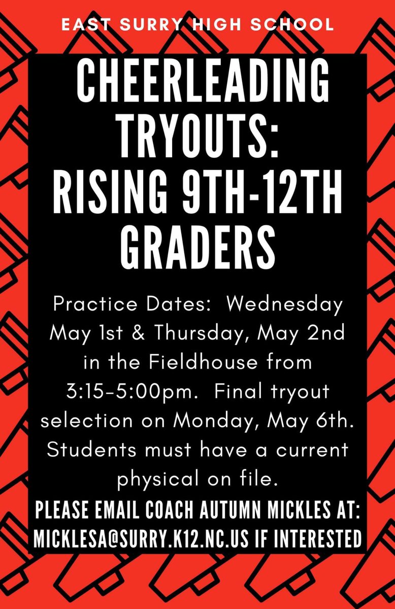 Cheer tryouts for 2024-2025 will take place May 1st, 2nd, & 6th from 3:15-5:00. Anyone interested in trying out must have a current physical on file. Email Coach Autumn Mickles at micklesa@surry.k12.nc.us with any questions.