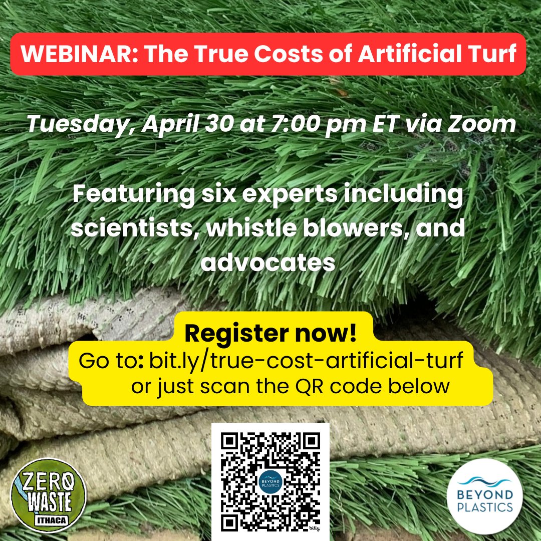 This is a must-attend (free) webinar! Join our affiliate, @ZeroWasteIthaca and an all star lineup of six amazing scientists and advocates working to stop toxic synthetic turf on Tues, 4/30 at 7 PM ET/4PM PT. Register now at: bit.ly/true-cost-arti…