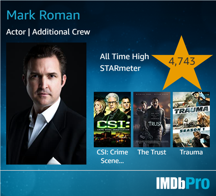 IMDb STARmeter UP 121k this month!
imdb.com/name/nm4432222
#MarkRoman #actor #comic #writer #improv #drama #comedy #BackgroundArtist #IMDb #CSI #NicolasCage #Trauma #CriminalMinds #TheOffer #actorslife #HeroTears #creator