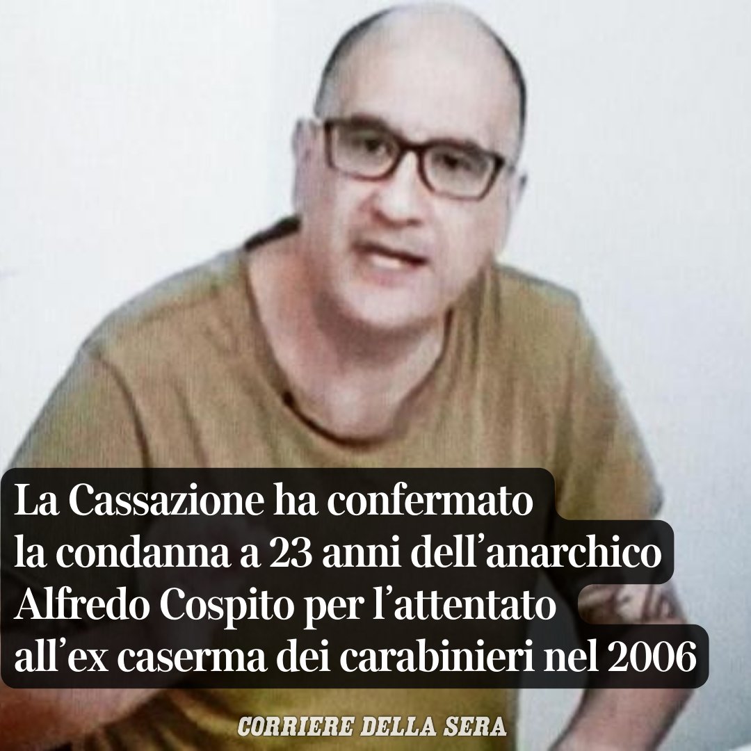 🔴 La Cassazione: definitiva la condanna a 23 anni per l’anarchico Alfredo Cospito trib.al/hska5We